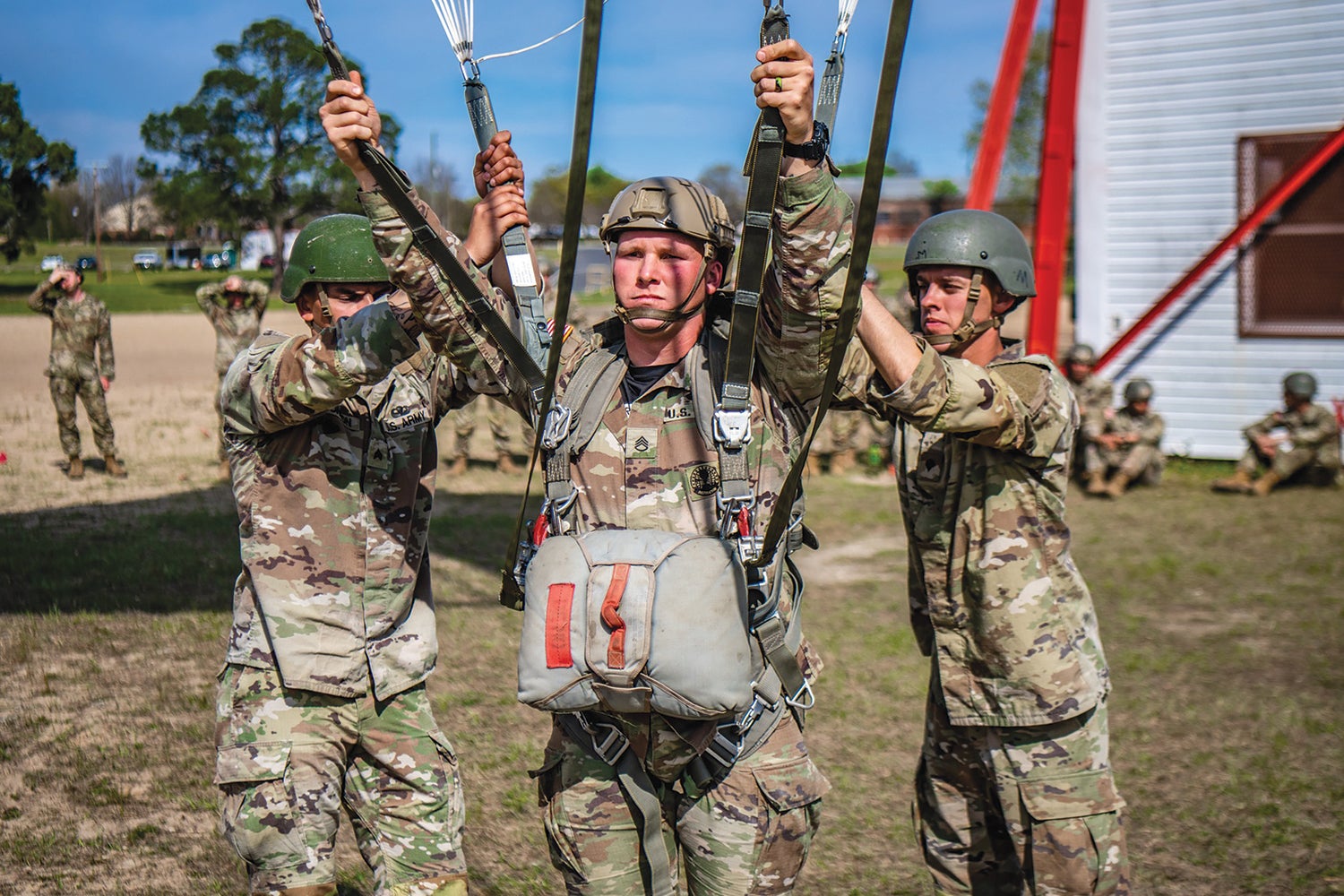 Soldiers from the 1st Battalion, 507th Parachute Infantry Regiment, practice before tower training at the U.S. Army Airborne School, Fort Moore, Georgia. (Credit: U.S. Army)