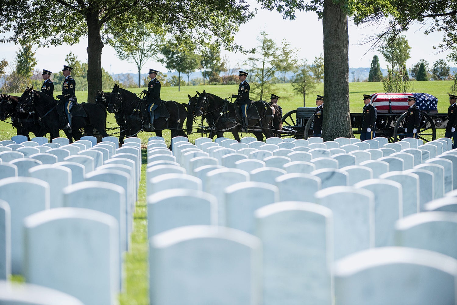 The 3rd U.S. Infantry Regiment (The Old Guard) Caisson Platoon conducts military funeral honors for Lt. Col. Robert Nopp, who died during the Vietnam War, at Arlington National Cemetery in October 2018.