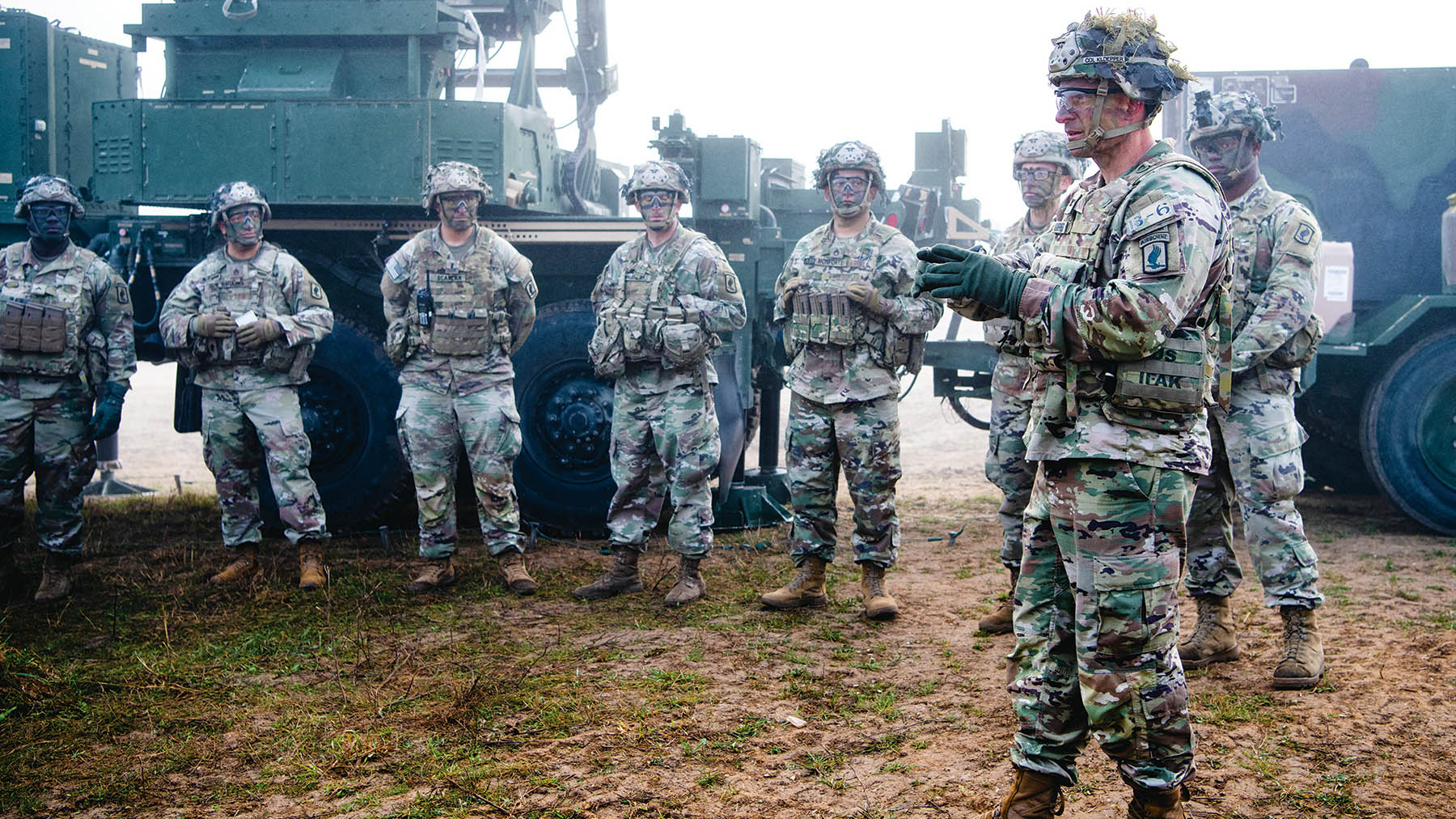 Col. Michael Kloepper, right, commander of the 173rd Airborne Brigade, speaks to battalion and company commanders during a leadership validation exercise at the Joint Multinational Readiness Center, Germany.