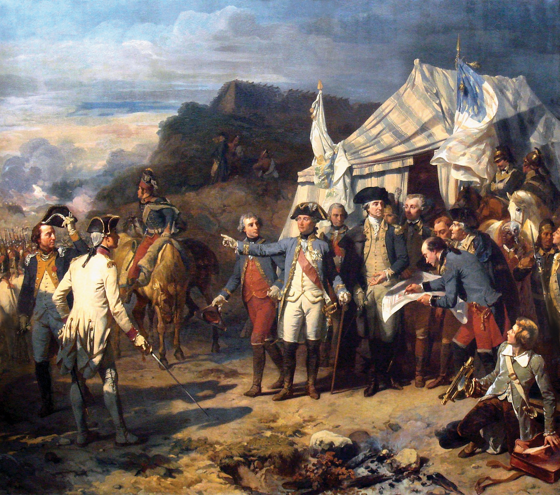 Gen. George Washington, center right, accepts the British surrender after the 1781 Battle of Yorktown, Virginia, in this 1836 painting by Auguste Couder that hangs in the Palace of Versailles near Paris. (Credit: Wikimedia Commons)