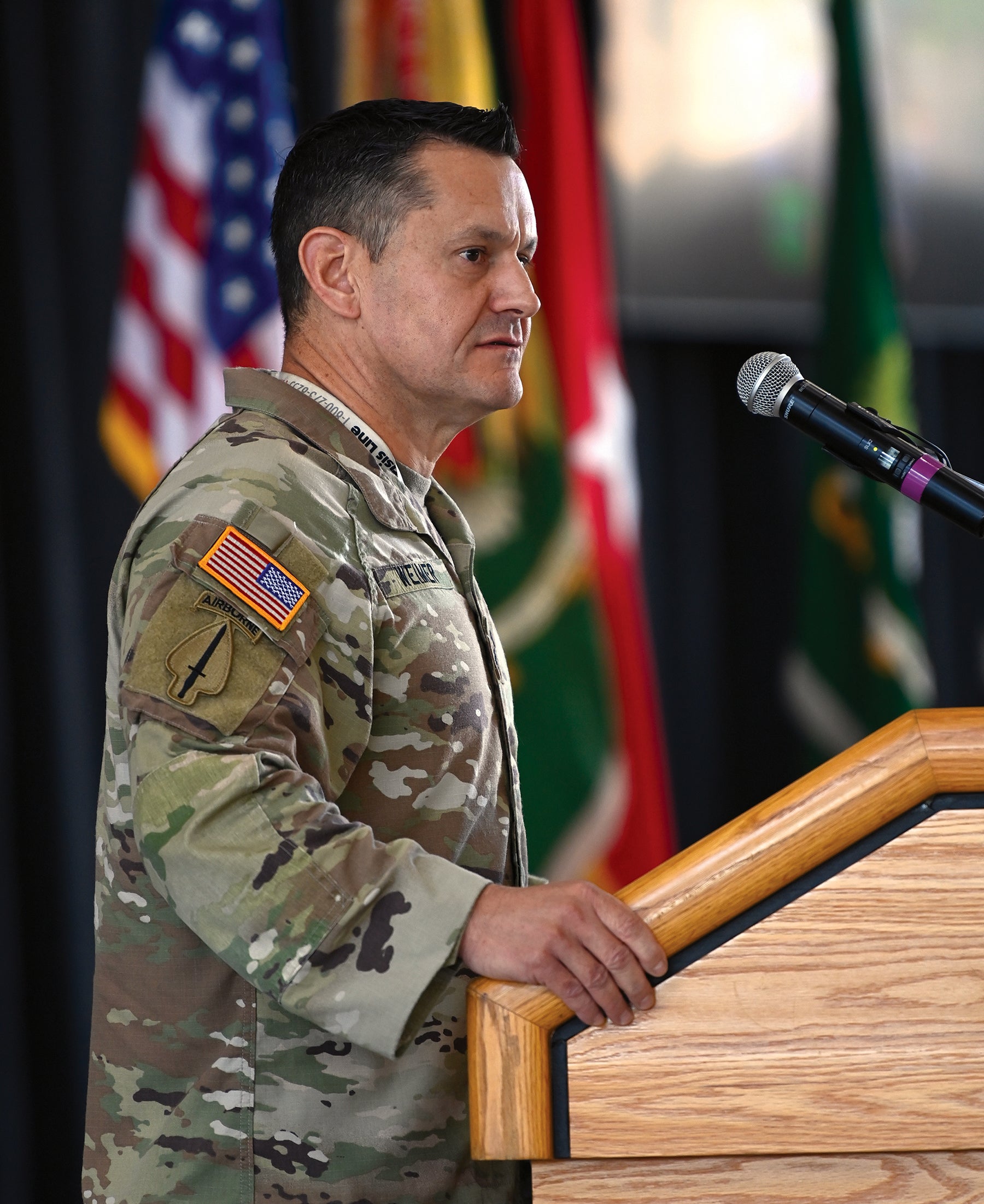 Then-Command Sgt. Maj. Michael Weimer, the next sergeant major of the Army, speaks during an event at Fort Bragg, now Fort Liberty, North Carolina. (Credit: U.S. Army/K. Kassens)