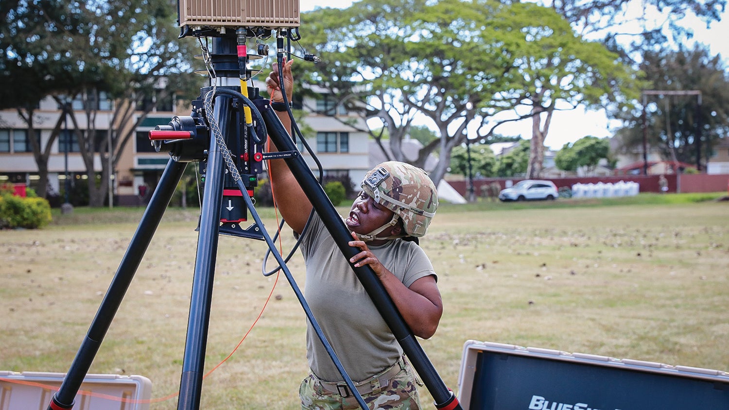 Sgt. Jayla Rogers, of the 2nd Brigade Combat Team, 25th Infantry Division, trains on a new radio system at Schofield Barracks, Hawaii. (Credit: U.S. Army/Master Sgt. Lekendrick Stallworth)