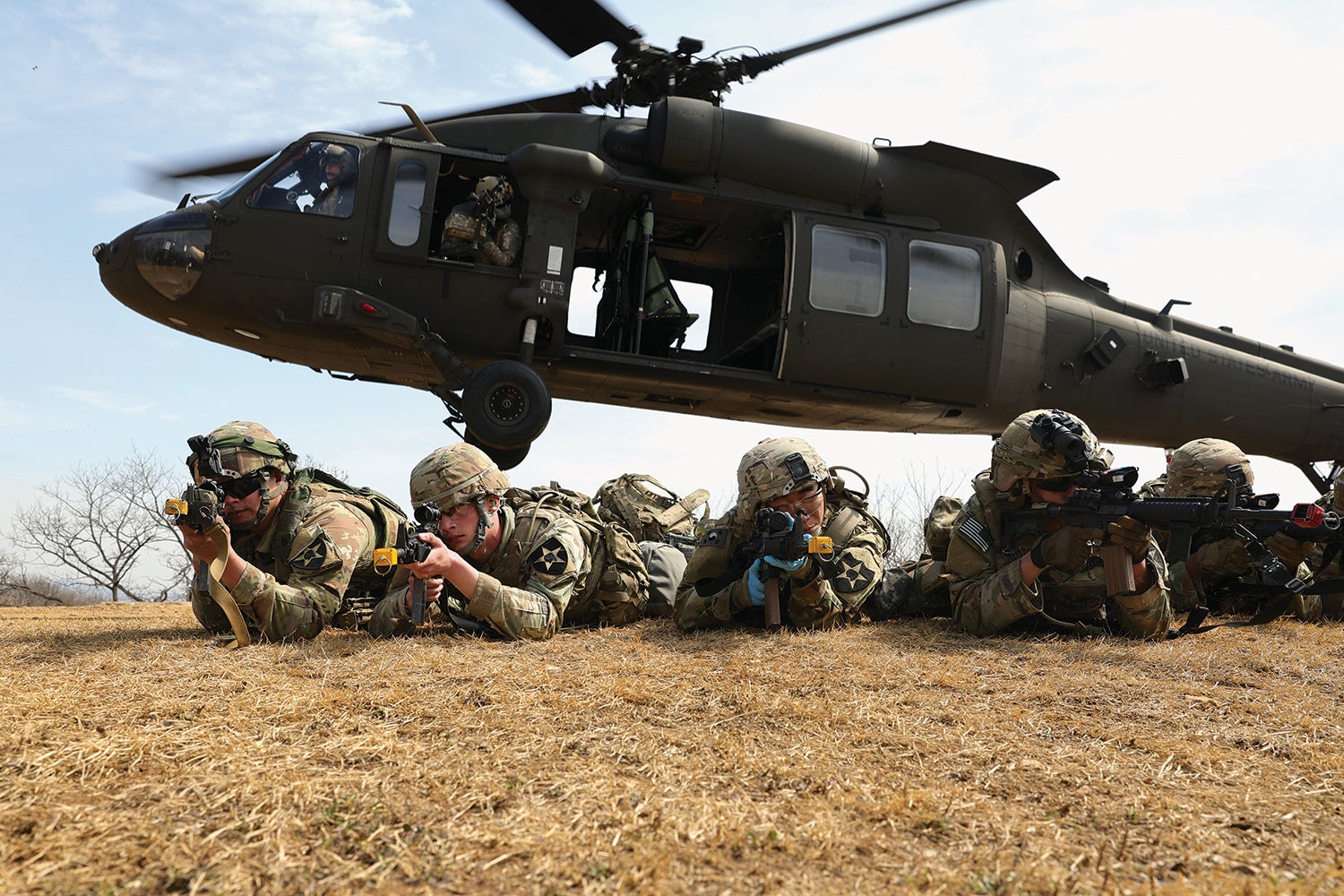 Soldiers with the 2nd Stryker Brigade Combat Team, 2nd Infantry Division, exit a UH-60M Black Hawk helicopter during an exercise in South Korea. (Credit: U.S. Army/Capt. Frank Spatt)