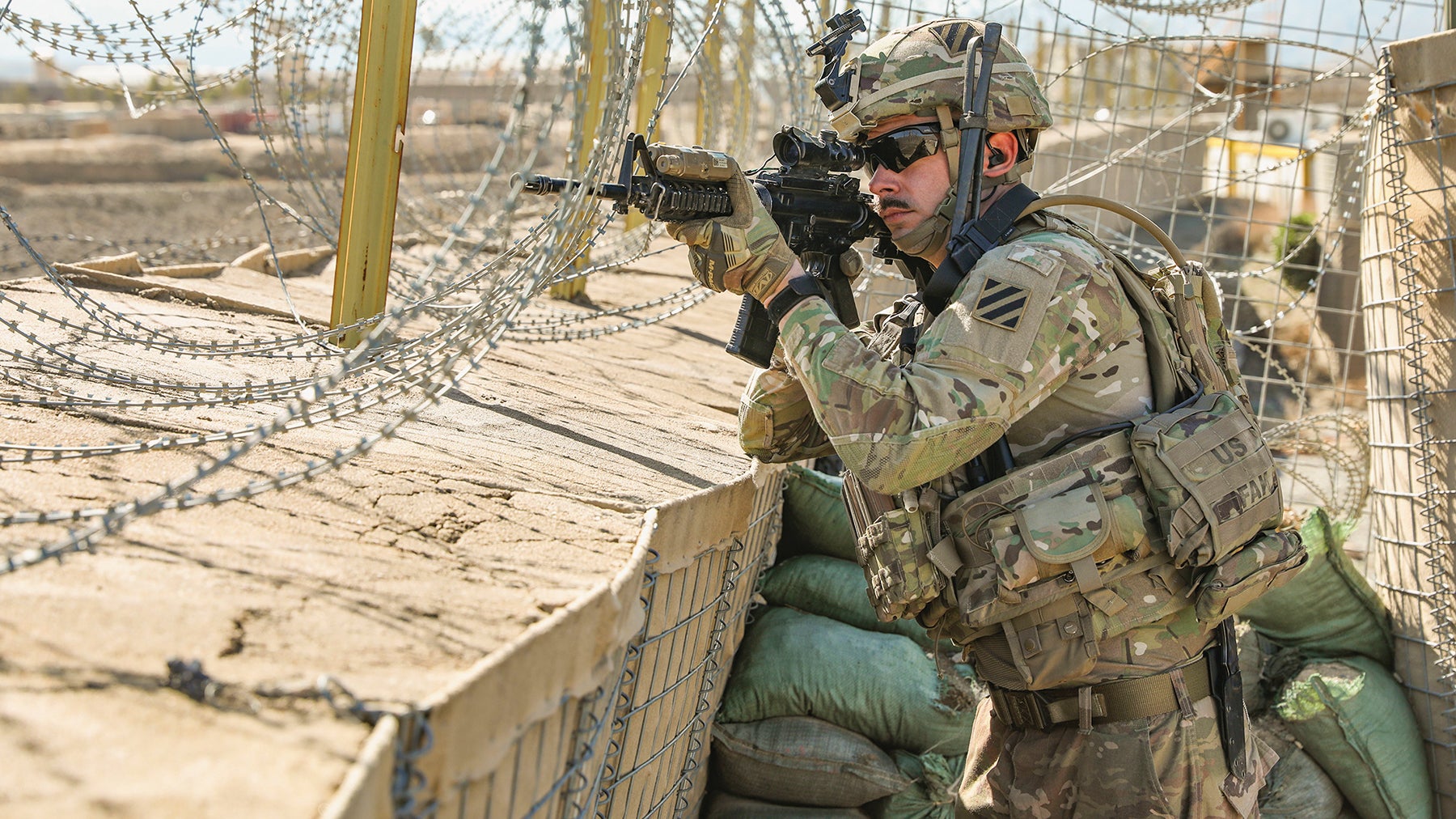 Sgt. Cory Castillo, a cavalry scout with the Georgia Army National Guard’s 48th Infantry Brigade Combat Team, provides security during a leader engagement in Kapisa Province, Afghanistan, in February 2019.