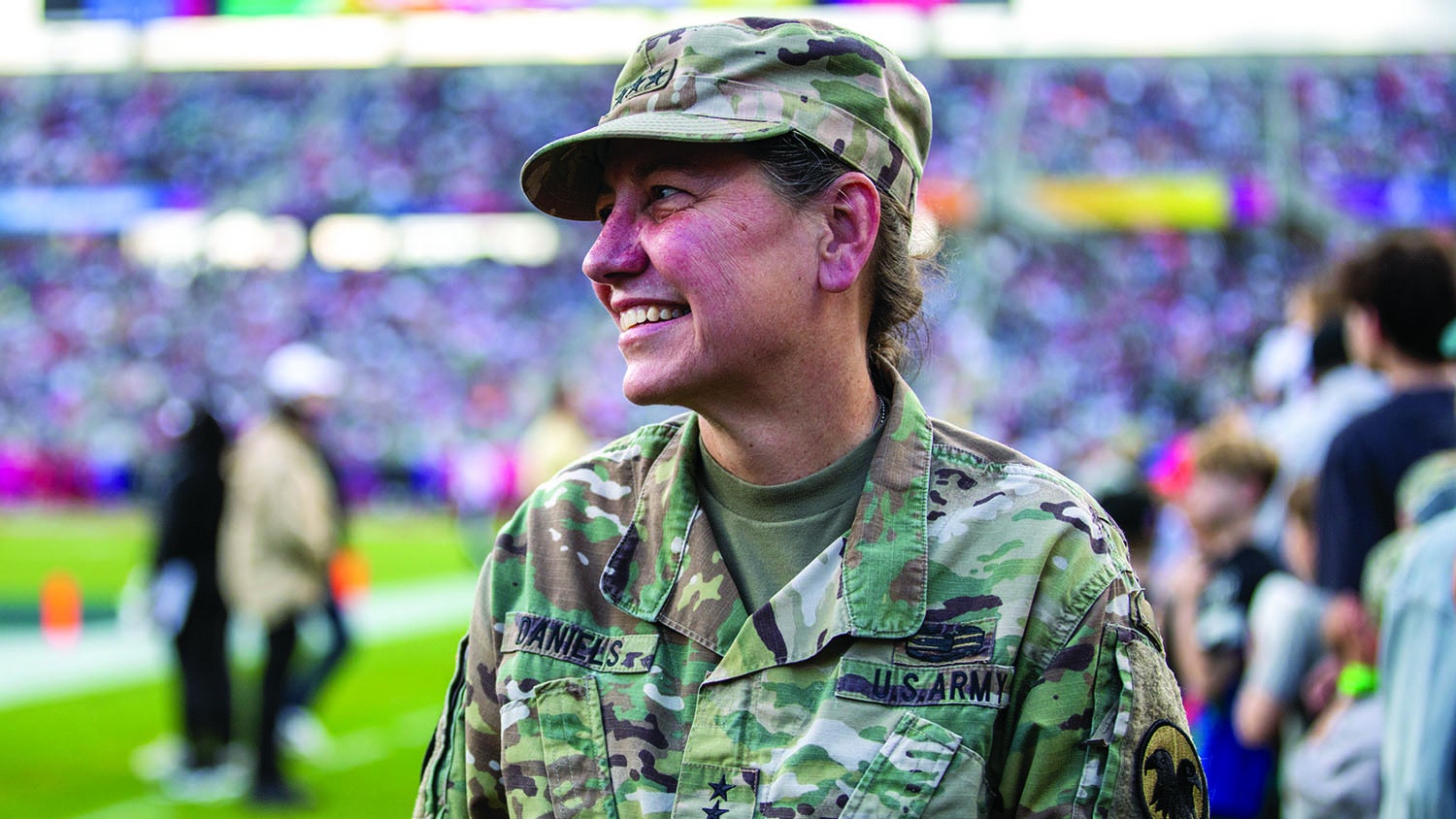 Lt. Gen. Jody Daniels, chief of the U.S. Army Reserve and commanding general of U.S. Army Reserve Command, meets fans at the 2024 NFL Pro Bowl in Orlando, Florida, in February. (Credit: U.S. Army/Spc. Danielle Sturgill)