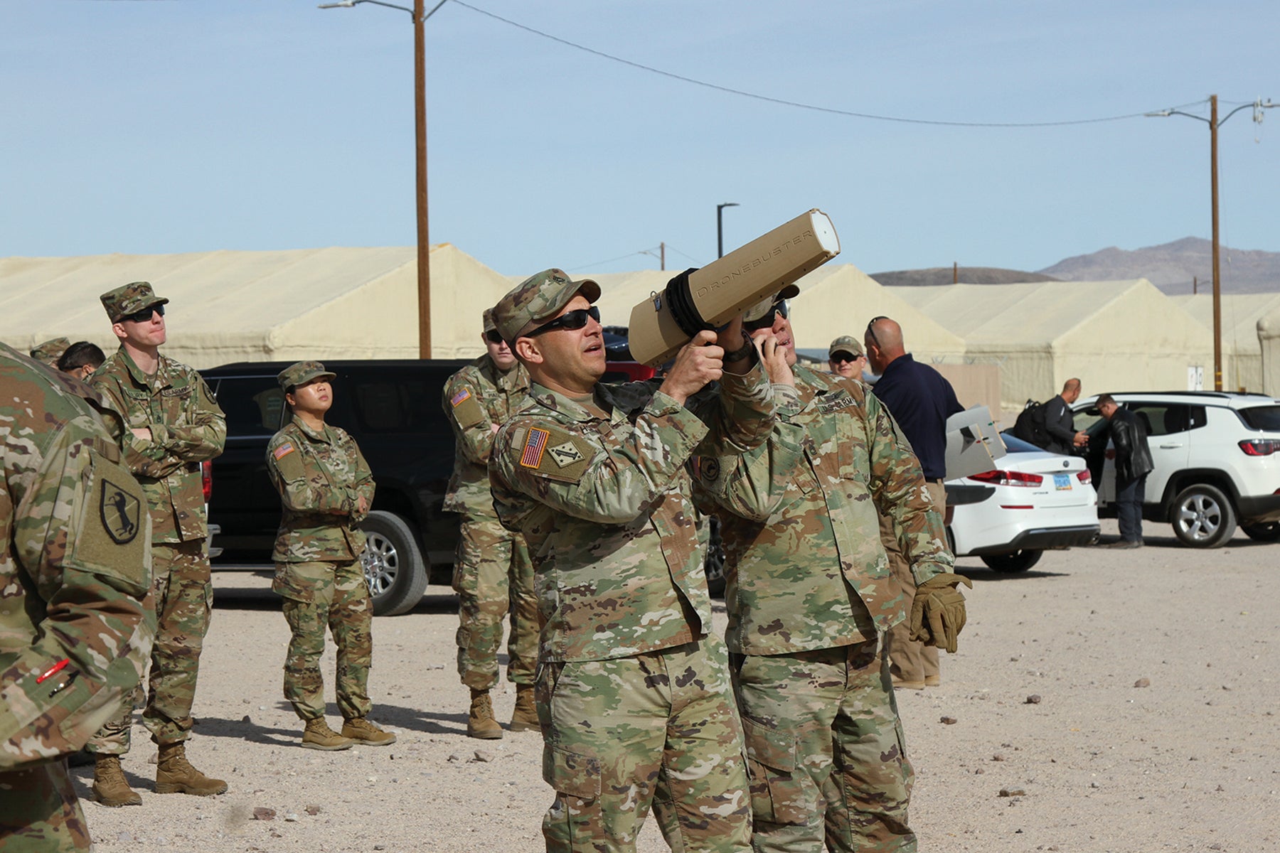 A soldier demonstrates a Dronebuster counter-unmanned aircraft system at Fort Irwin, California. (Credit: U.S. Army/Pfc. Gower Liu)