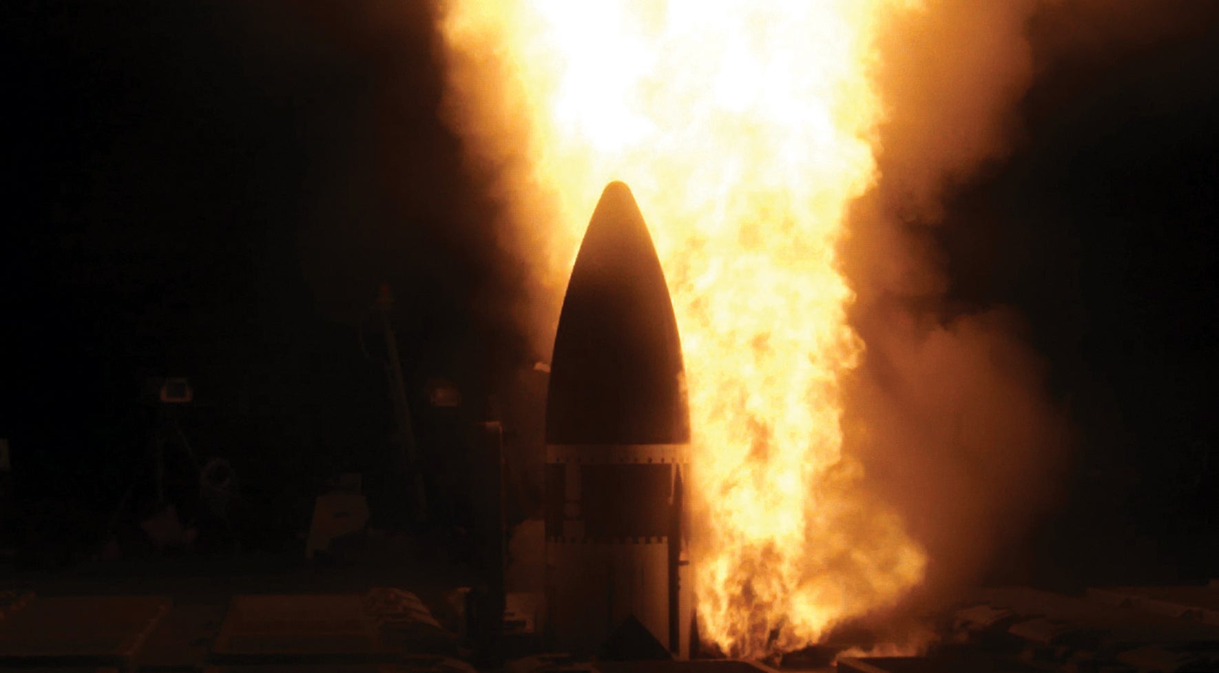 During an intercontinental ballistic missile target test that includes Space and Missile Defense Command, a Standard Missile-3 Block IIA launches from a Navy destroyer. (Credit: U.S. Army/Carrie Campbell)