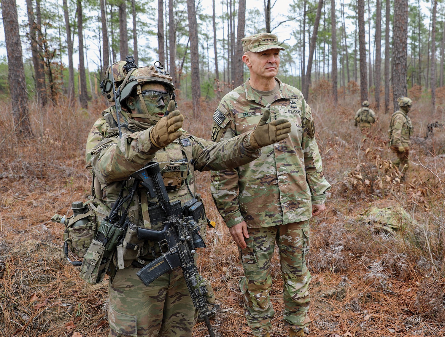 Army Chief of Staff Gen. Randy George, right, discusses troop maneuvers with a soldier from the 2nd Brigade Combat Team, 101st Airborne Division (Air Assault), at the Joint Readiness Training Center, Fort Johnson, Louisiana, formerly known as Fort Polk. (Credit: U.S. Army/Shelby Waryas)