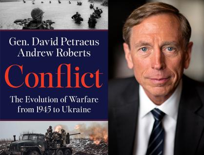 "Conflict" book cover and GEN Petraeus headshot