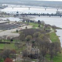 An aerial view of Rock Island Arsenal Quarters 1 with the Government Bridge in the background.