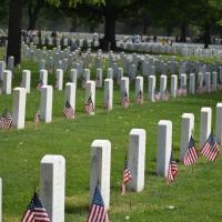 Flags at the graves in the Rock Island National Cemetery.