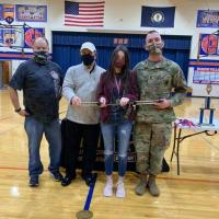 PCHS Coach Kim Worley, Frank Cannavo of AUSA, 1st place winner Layla Blevins, SFC Bradley Armentrout, Army Recruiter