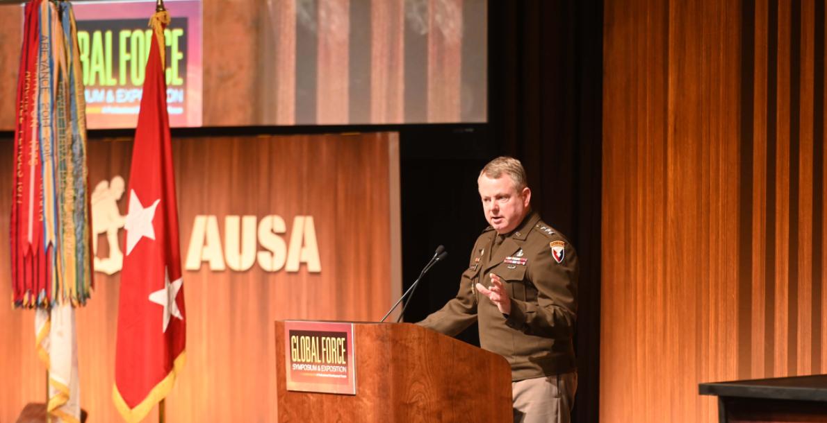 Lt. Gen. Christopher Mohan, deputy commanding general of Army Materiel Command, speaks at AUSA's 2024 Global Force Symposium and Exposition in Huntsville, Alabama.