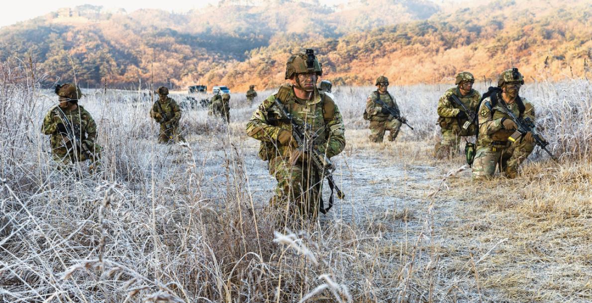 Soldiers with the 2nd Stryker Brigade Combat Team, 4th Infantry Division, pull security during an exercise at Rodriguez Live Fire Complex, South Korea. (Credit: U.S. Army Reserve/Sgt. Alexander Kelly)