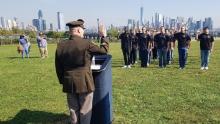 Gen. Ed Daly, commander of the U.S. Army Materiel Command, conducts a Future Soldier Swear-In Ceremony for 26 Army recruits at Liberty State Park, New Jersey, with the New York City skyline as a backdrop.