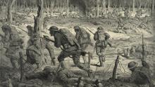 Infantry forces go on the attack in France’s Argonne Forest during World War I in this print by artist Lucien Jonas. (Credit: Library of Congress)