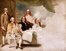 American commissioners of the preliminary peace agreement with Great Britain, from left to right, John Jay, John Adams, Benjamin Franklin, Henry Laurens and William Temple Franklin. British representatives refused to pose, and Benjamin West’s painting went unfinished.