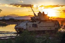 A Bradley fighting vehicle crew from the Army National Guard conducts predeployment training at Fort Bliss, Texas.
