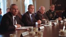 Then-President George W. Bush, second from left, meets with his National Security Council in the White House on Sept. 12, 2001. Seated with Bush, from left, are Secretary of State Colin Powell, Vice President Dick Cheney and Joint Chiefs of Staff Chairman Gen. Hugh Shelton. (Credit: National Archives)
