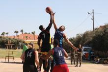 U.S. and international troops participating in a joint exercise play basketball on Inezgane Airfield, Morocco.