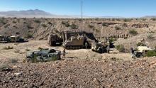 The 4th Squadron, 10th Cavalry Regiment, 3rd Armored Brigade Team, 4th Infantry Division, command post at the National Training Center, Fort Irwin, California. The unit tried to mask its command post by setting up a mock one nearby. (Credit: U.S. Army)